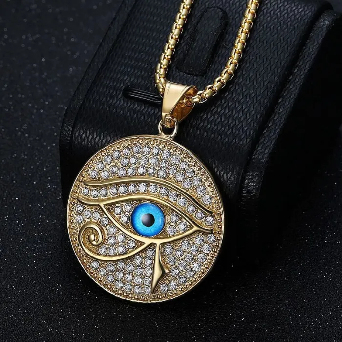 Wholesale Gold Plated Titanium Steel Blue Eye of Horus Pendant Necklace – Hip Hop Iced Out Jewelry Bulk Supplier Factory Price
