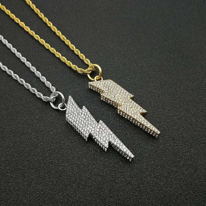 Wholesale Gold Plated Titanium Steel Lightning Pendant Necklace – Hip Hop Iced Out Jewelry Bulk Supplier Factory Price