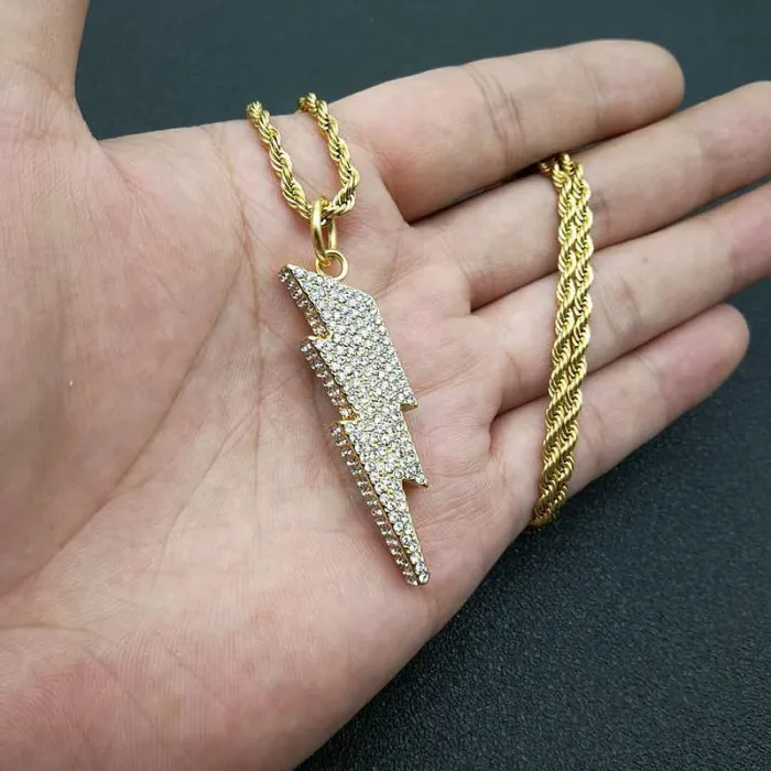 Wholesale Gold Plated Titanium Steel Lightning Pendant Necklace – Hip Hop Iced Out Jewelry Bulk Supplier Factory Price
