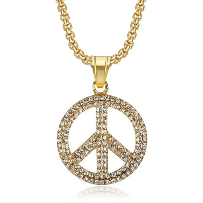 Wholesale Gold Plated Titanium Steel Peace Sign Pendant Necklace – Hip Hop Iced Out Jewelry Bulk Supplier Factory Price
