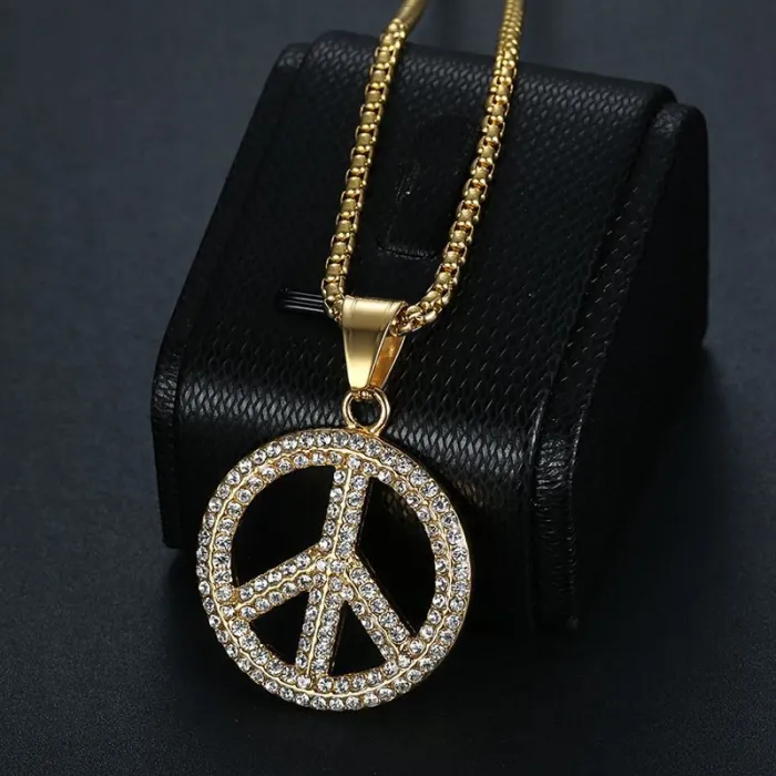 Wholesale Gold Plated Titanium Steel Peace Sign Pendant Necklace – Hip Hop Iced Out Jewelry Bulk Supplier Factory Price