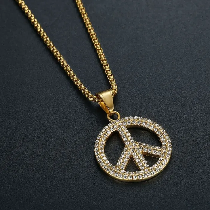 Wholesale Gold Plated Titanium Steel Peace Sign Pendant Necklace – Hip Hop Iced Out Jewelry Bulk Supplier Factory Price