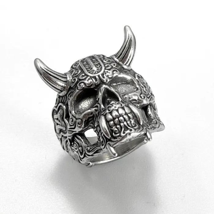 Wholesale Horned Skull Ring – Bulk Gothic Stainless Steel Biker Jewelry for Men at Factory Price