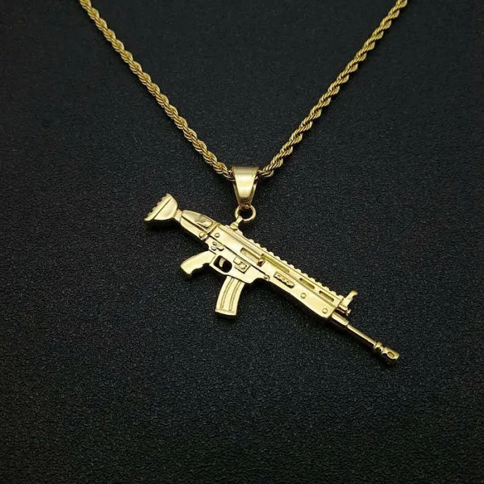 Wholesale SCAR Rifle Pendant – Bulk Gold-Plated Titanium Steel Hip Hop Necklace with CZ at Factory Price