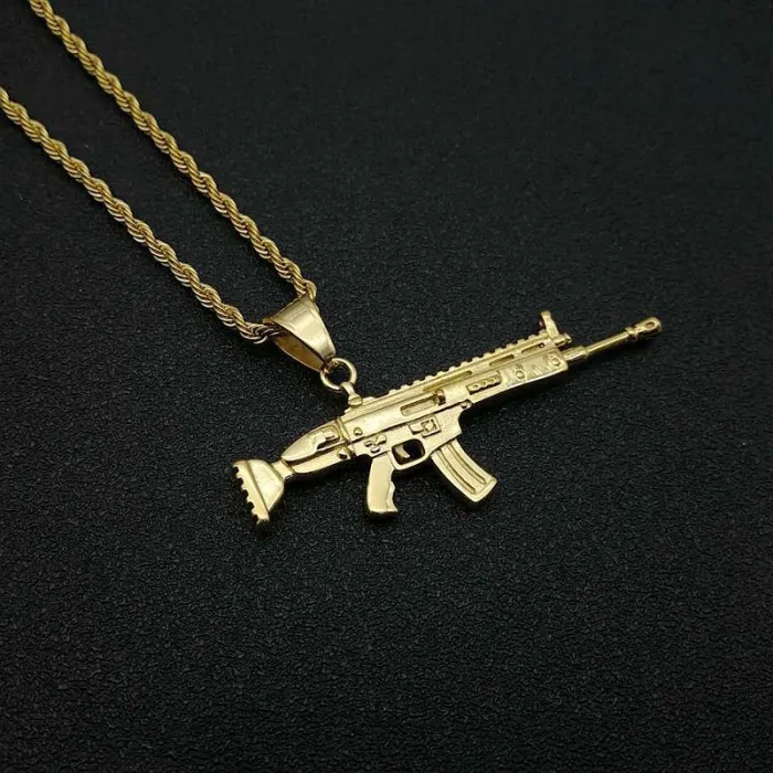 Wholesale SCAR Rifle Pendant – Bulk Gold-Plated Titanium Steel Hip Hop Necklace with CZ at Factory Price