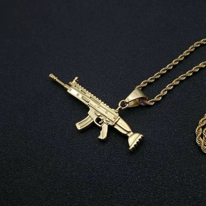 Wholesale SCAR Rifle Pendant – Bulk Gold-Plated Titanium Steel Hip Hop Necklace with CZ at Factory Price