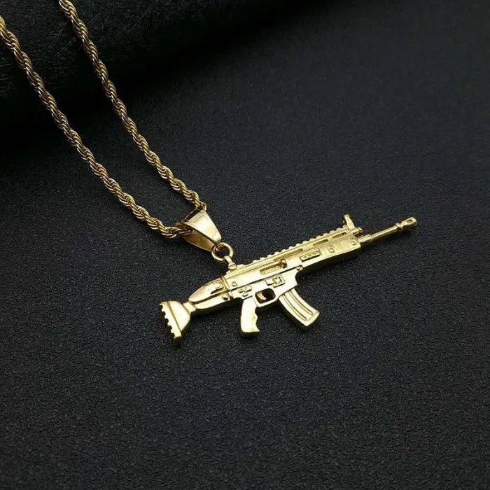 Wholesale SCAR Rifle Pendant – Bulk Gold-Plated Titanium Steel Hip Hop Necklace with CZ at Factory Price