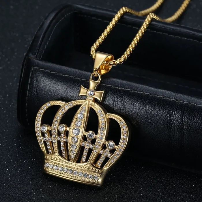 Wholesale King Crown Pendant – Bulk Gold-Plated Titanium Steel Hip Hop Necklace with CZ at Factory Price