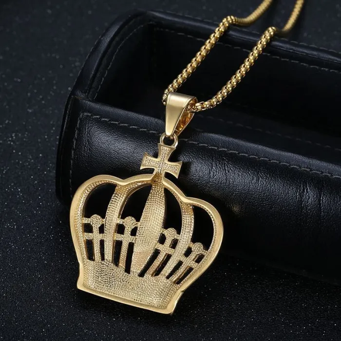 Wholesale King Crown Pendant – Bulk Gold-Plated Titanium Steel Hip Hop Necklace with CZ at Factory Price