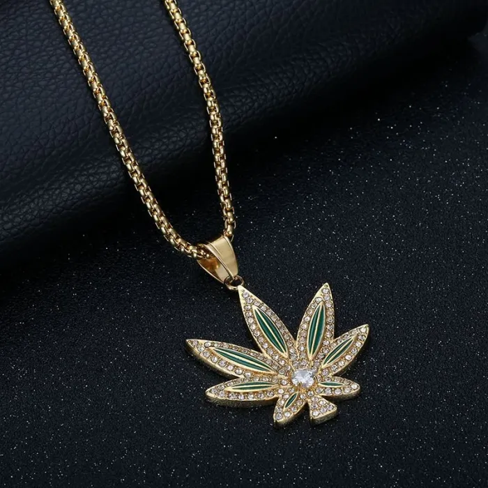 Wholesale Maple Leaf Couple Pendant – Bulk Gold-Plated Titanium Steel Hip Hop Necklace with Epoxy and CZ at Factory Price