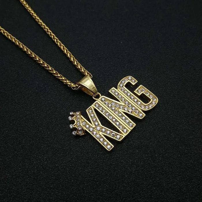 Wholesale KING Pendant Necklace – Bulk Gold-Plated Titanium Steel Hip Hop Jewelry with CZ at Factory Price