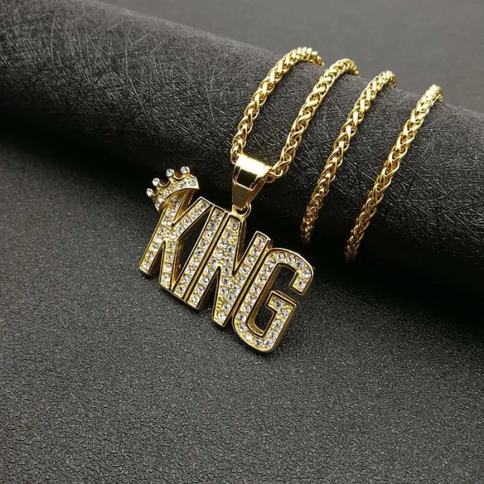 Wholesale KING Pendant Necklace – Bulk Gold-Plated Titanium Steel Hip Hop Jewelry with CZ at Factory Price