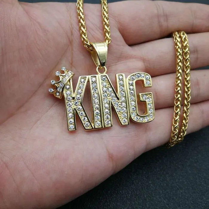 Wholesale KING Pendant Necklace – Bulk Gold-Plated Titanium Steel Hip Hop Jewelry with CZ at Factory Price