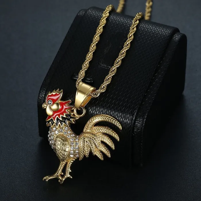 Wholesale Rooster Pendant Necklace – Bulk Gold-Plated Titanium Steel Hip Hop Jewelry with CZ at Factory Price