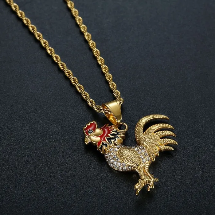 Wholesale Rooster Pendant Necklace – Bulk Gold-Plated Titanium Steel Hip Hop Jewelry with CZ at Factory Price