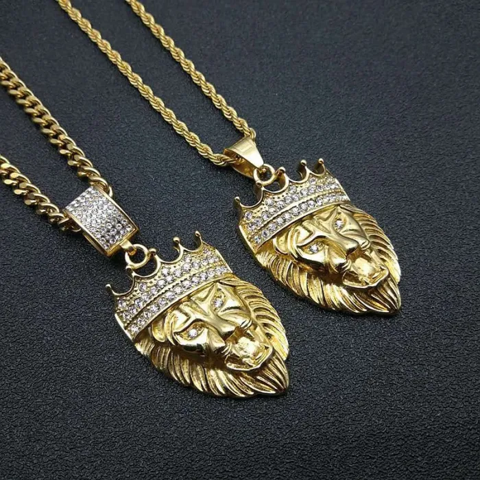 Wholesale Crown Lion Head Pendant – Bulk Gold-Plated Titanium Steel Hip Hop Necklace with CZ at Factory Price