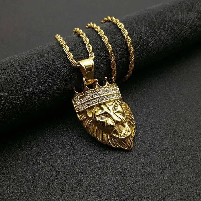 Wholesale Crown Lion Head Pendant – Bulk Gold-Plated Titanium Steel Hip Hop Necklace with CZ at Factory Price