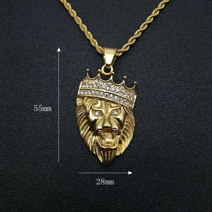 Wholesale Crown Lion Head Pendant – Bulk Gold-Plated Titanium Steel Hip Hop Necklace with CZ at Factory Price