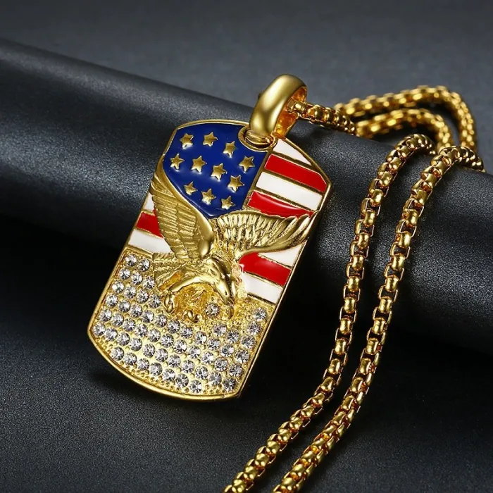 Wholesale Flag Eagle Pendant – Bulk Gold-Plated Titanium Steel Hip Hop Necklace with CZ at Factory Price