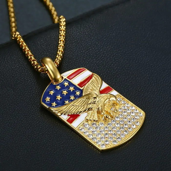 Wholesale Flag Eagle Pendant – Bulk Gold-Plated Titanium Steel Hip Hop Necklace with CZ at Factory Price