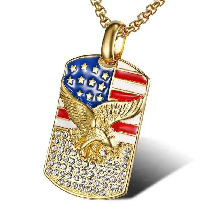 Wholesale Flag Eagle Pendant – Bulk Gold-Plated Titanium Steel Hip Hop Necklace with CZ at Factory Price