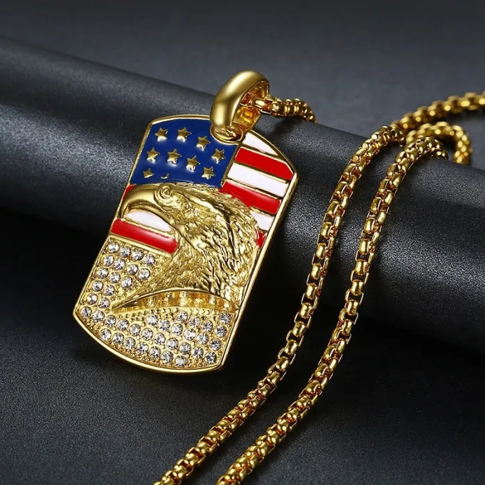 Wholesale USA Flag Eagle Pendant – Bulk Gold-Plated Titanium Steel Hip Hop Necklace with CZ at Factory Price