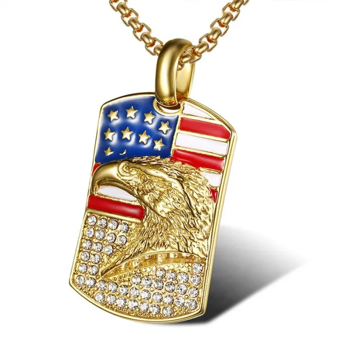 Wholesale USA Flag Eagle Pendant – Bulk Gold-Plated Titanium Steel Hip Hop Necklace with CZ at Factory Price