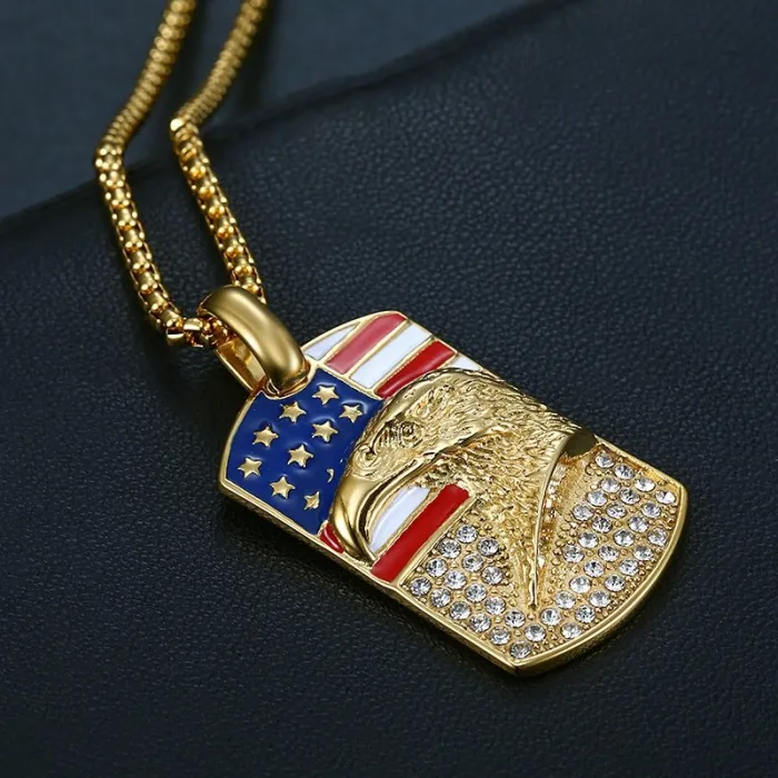 Wholesale USA Flag Eagle Pendant – Bulk Gold-Plated Titanium Steel Hip Hop Necklace with CZ at Factory Price