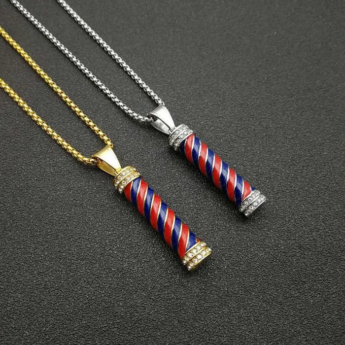 Wholesale Barber Pole Pendant Necklace | Hip Hop Iced Out Titanium Steel Jewelry Bulk Supplier