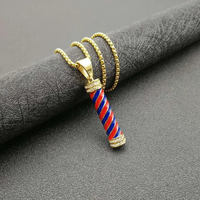 Wholesale Barber Pole Pendant Necklace | Hip Hop Iced Out Titanium Steel Jewelry Bulk Supplier