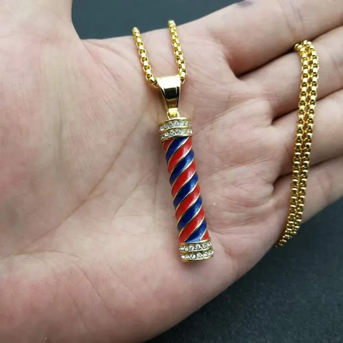Wholesale Barber Pole Pendant Necklace | Hip Hop Iced Out Titanium Steel Jewelry Bulk Supplier