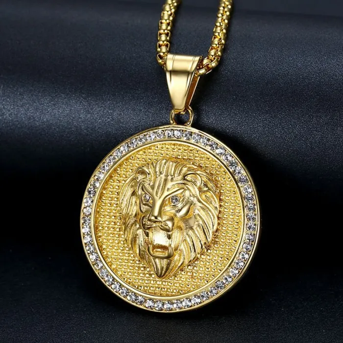 Wholesale Round Lion Head Pendant Necklace | Hip Hop Iced Out Stainless Steel Jewelry Bulk Supplier