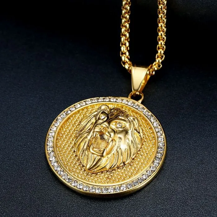 Wholesale Round Lion Head Pendant Necklace | Hip Hop Iced Out Stainless Steel Jewelry Bulk Supplier