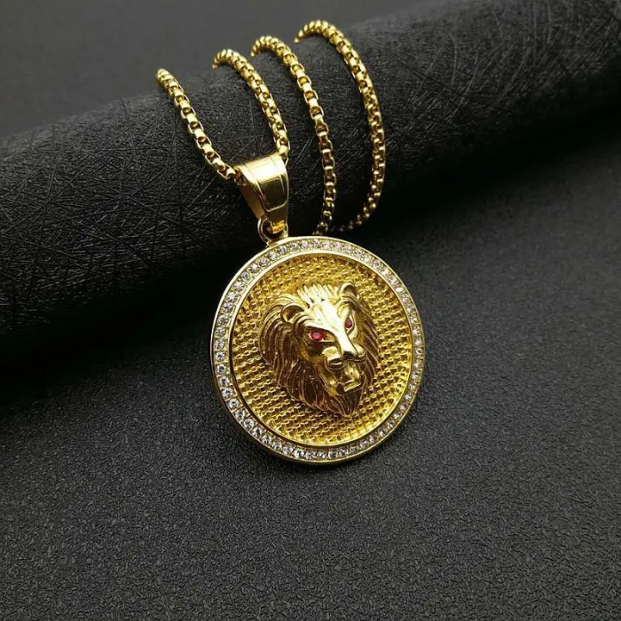 Wholesale Round Lion Head Pendant Necklace | Hip Hop Iced Out Stainless Steel Jewelry Bulk Supplier