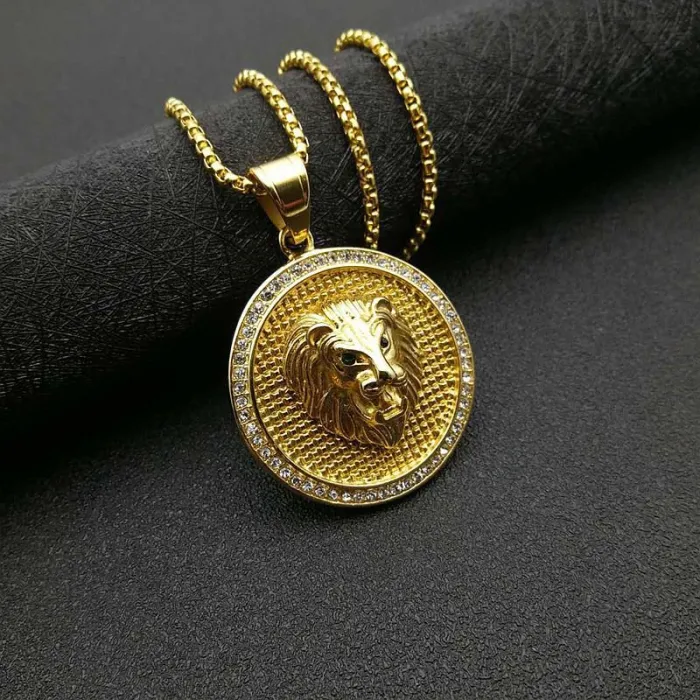 Wholesale Round Lion Head Pendant Necklace | Hip Hop Iced Out Stainless Steel Jewelry Bulk Supplier