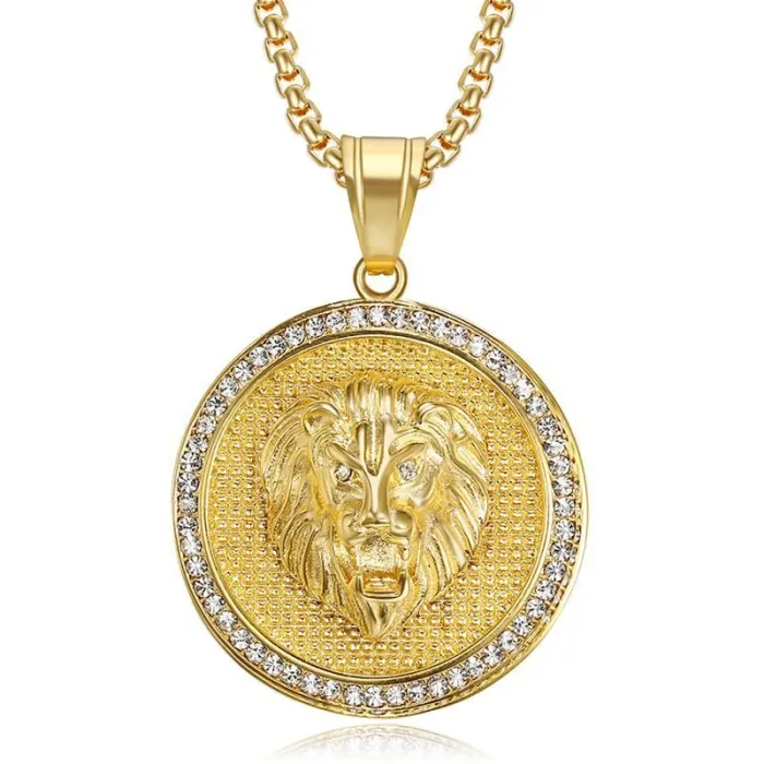 Wholesale Round Lion Head Pendant Necklace | Hip Hop Iced Out Stainless Steel Jewelry Bulk Supplier