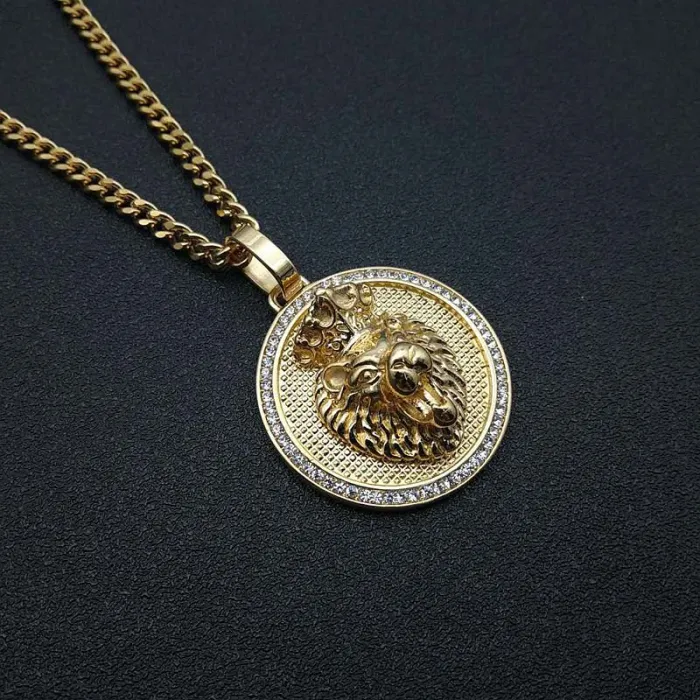 Wholesale Crown Lion Head Pendant Necklace | Hip Hop Iced Out Color-Retaining Gold Titanium Steel Jewelry Supplier