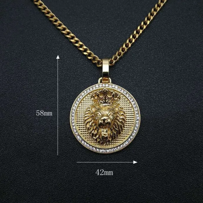 Wholesale Crown Lion Head Pendant Necklace | Hip Hop Iced Out Color-Retaining Gold Titanium Steel Jewelry Supplier