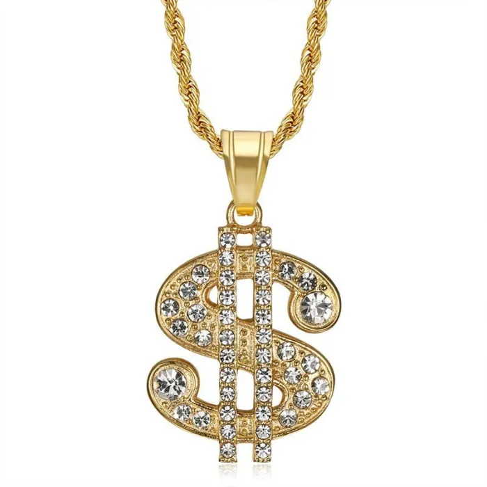 Wholesale Dollar Sign Pendant Necklace | Hip Hop Iced Out Gold-Plated Titanium Steel Jewelry Bulk Supplier
