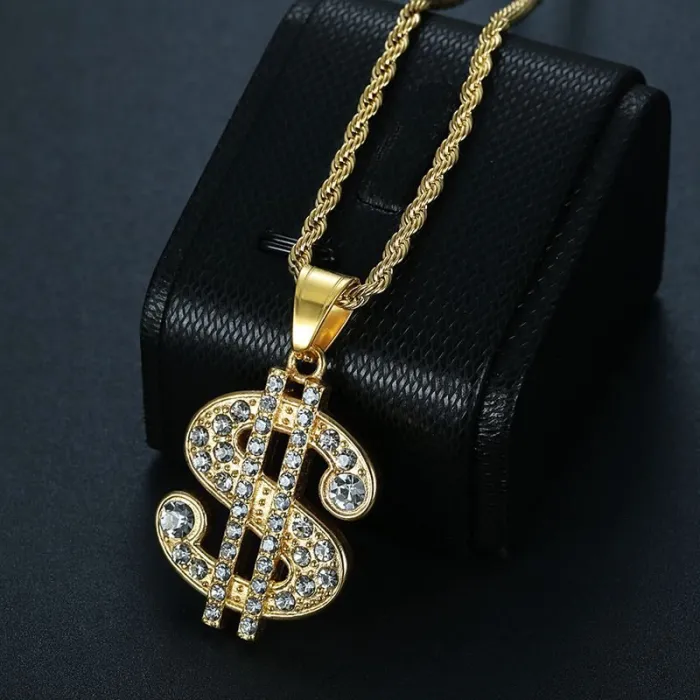 Wholesale Dollar Sign Pendant Necklace | Hip Hop Iced Out Gold-Plated Titanium Steel Jewelry Bulk Supplier
