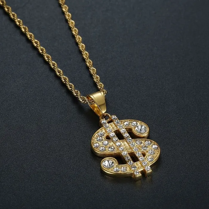 Wholesale Dollar Sign Pendant Necklace | Hip Hop Iced Out Gold-Plated Titanium Steel Jewelry Bulk Supplier