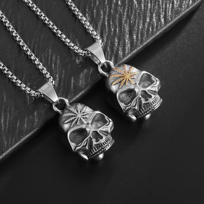 Wholesale Skull Maple Leaf Biker Bell | Vintage Gold-Plated Polished Titanium Steel Lucky Pendant Supplier