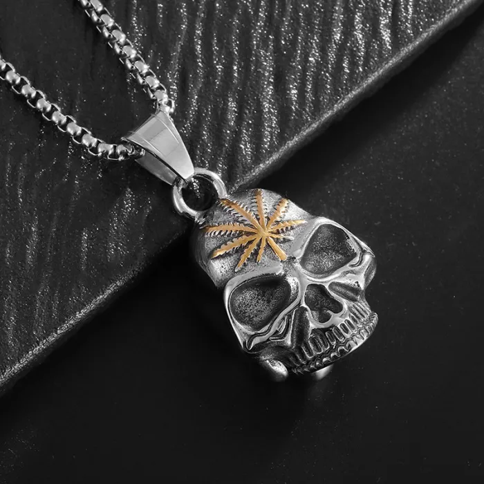Wholesale Skull Maple Leaf Biker Bell | Vintage Gold-Plated Polished Titanium Steel Lucky Pendant Supplier