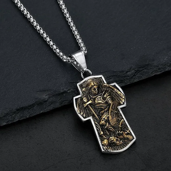 Wholesale Saint Michael Cross Pendant Necklace | Archangel Vacuum Plated Stainless Steel Jewelry Bulk Supplier