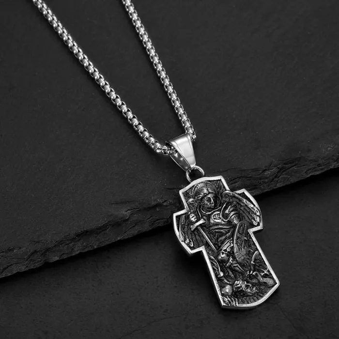 Wholesale Saint Michael Cross Pendant Necklace | Archangel Vacuum Plated Stainless Steel Jewelry Bulk Supplier