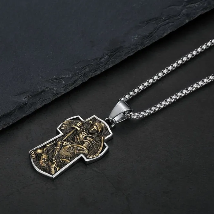 Wholesale Saint Michael Cross Pendant Necklace | Archangel Vacuum Plated Stainless Steel Jewelry Bulk Supplier