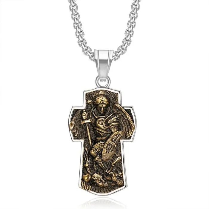 Wholesale Saint Michael Cross Pendant Necklace | Archangel Vacuum Plated Stainless Steel Jewelry Bulk Supplier