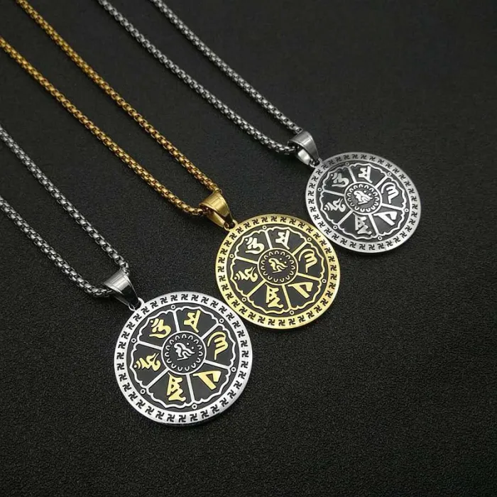 Wholesale Sanskrit Om Mani Padme Hum Pendant | Vintage Gold-Plated Titanium Steel Protection Amulet Necklace