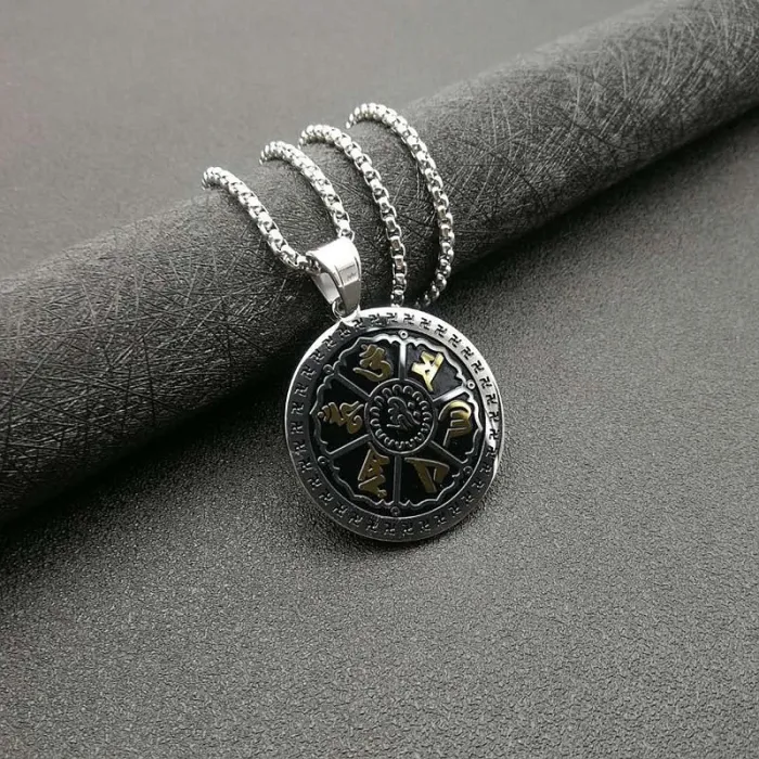 Wholesale Sanskrit Om Mani Padme Hum Pendant | Vintage Gold-Plated Titanium Steel Protection Amulet Necklace