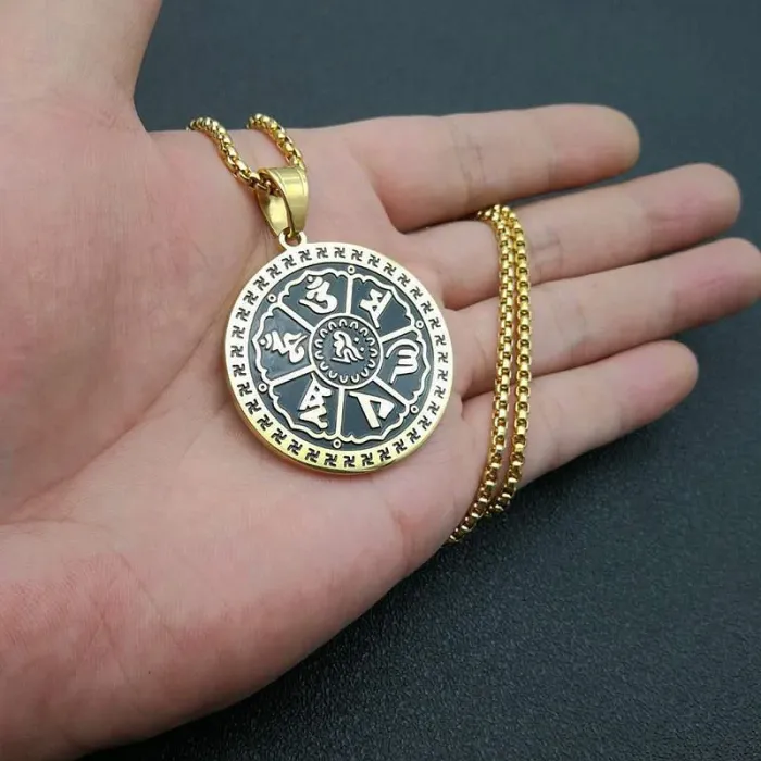 Wholesale Sanskrit Om Mani Padme Hum Pendant | Vintage Gold-Plated Titanium Steel Protection Amulet Necklace